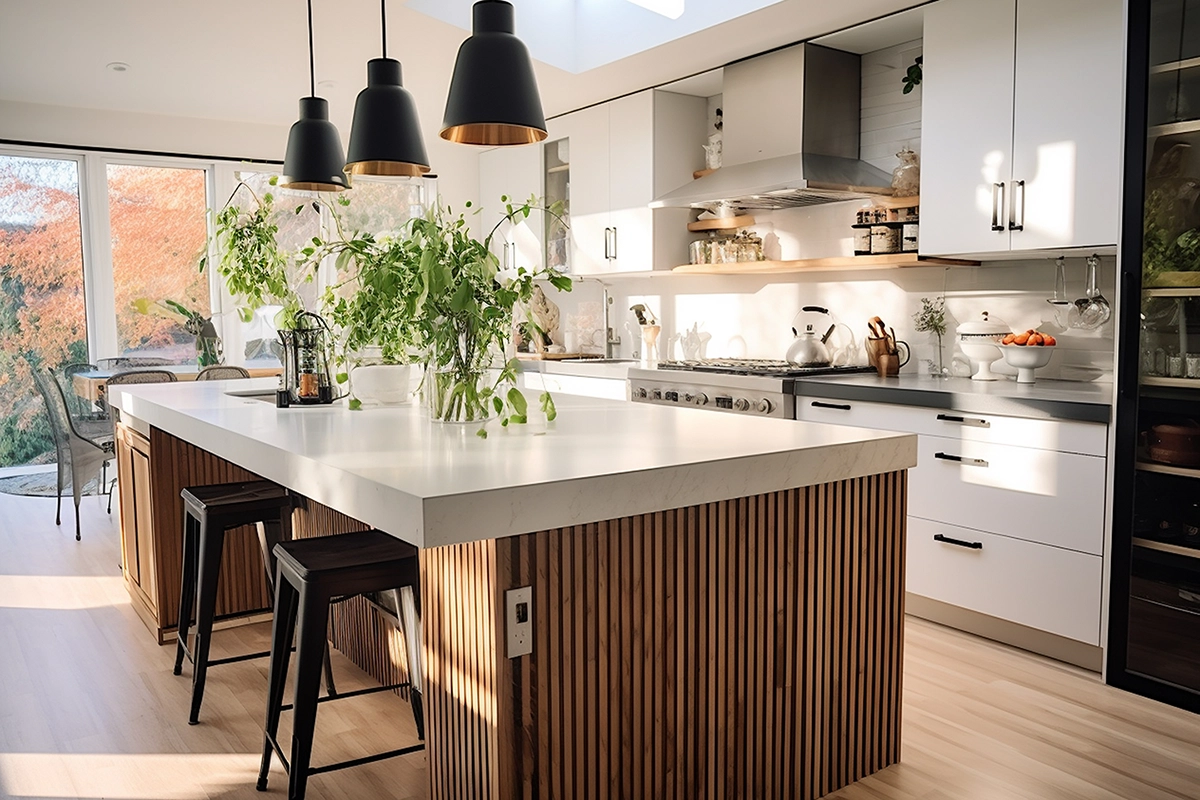 Open-concept kitchen with organic finishes reflecting top kitchen renovation trends in Campbellford by Renossance.