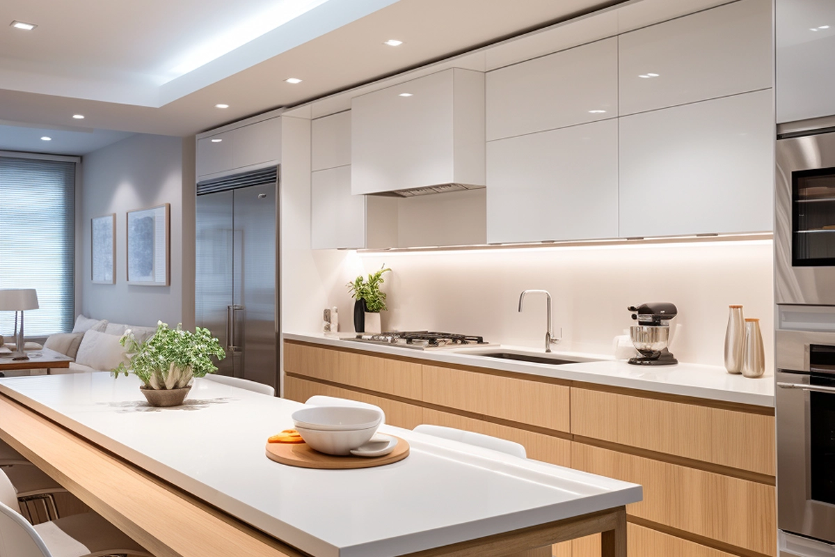 Sleek minimalist kitchen with handle-free cabinets showing kitchen renovation trends in Campbellford by Renossance.