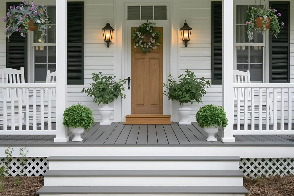 Elegant entry porch with stairs and greenery – custom deck builds in Havelock by Renossance
