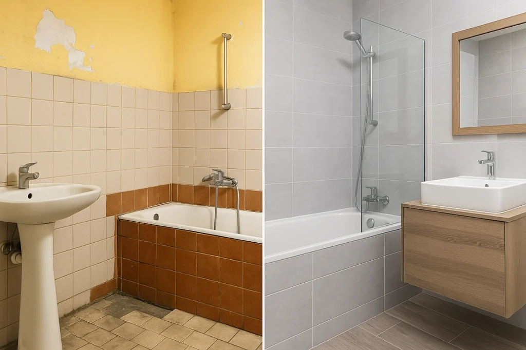 Before and after comparison showing correction of bathroom renovation mistakes Ontario with modern tile and fixtures.