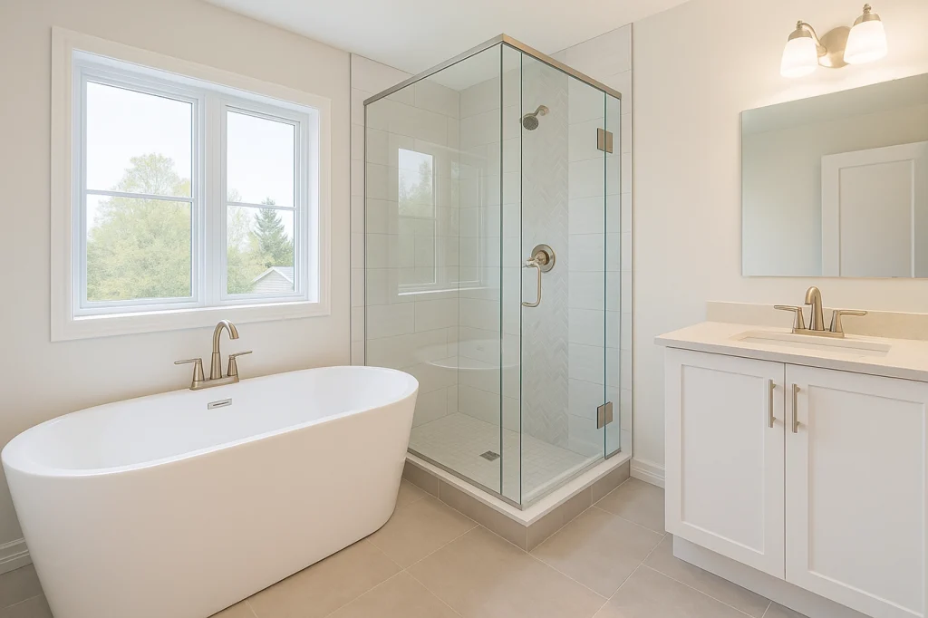 Modern bathroom with glass shower, freestanding tub, and white vanity – bathroom renovation cost Trent Hills.