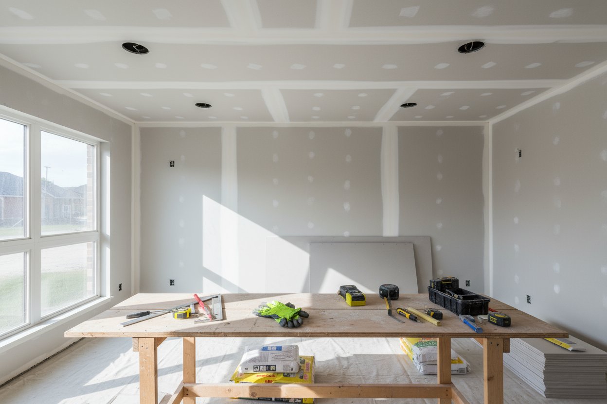 quality drywall installation in Campbellford by Renossance showing finished walls and smooth taped seams
