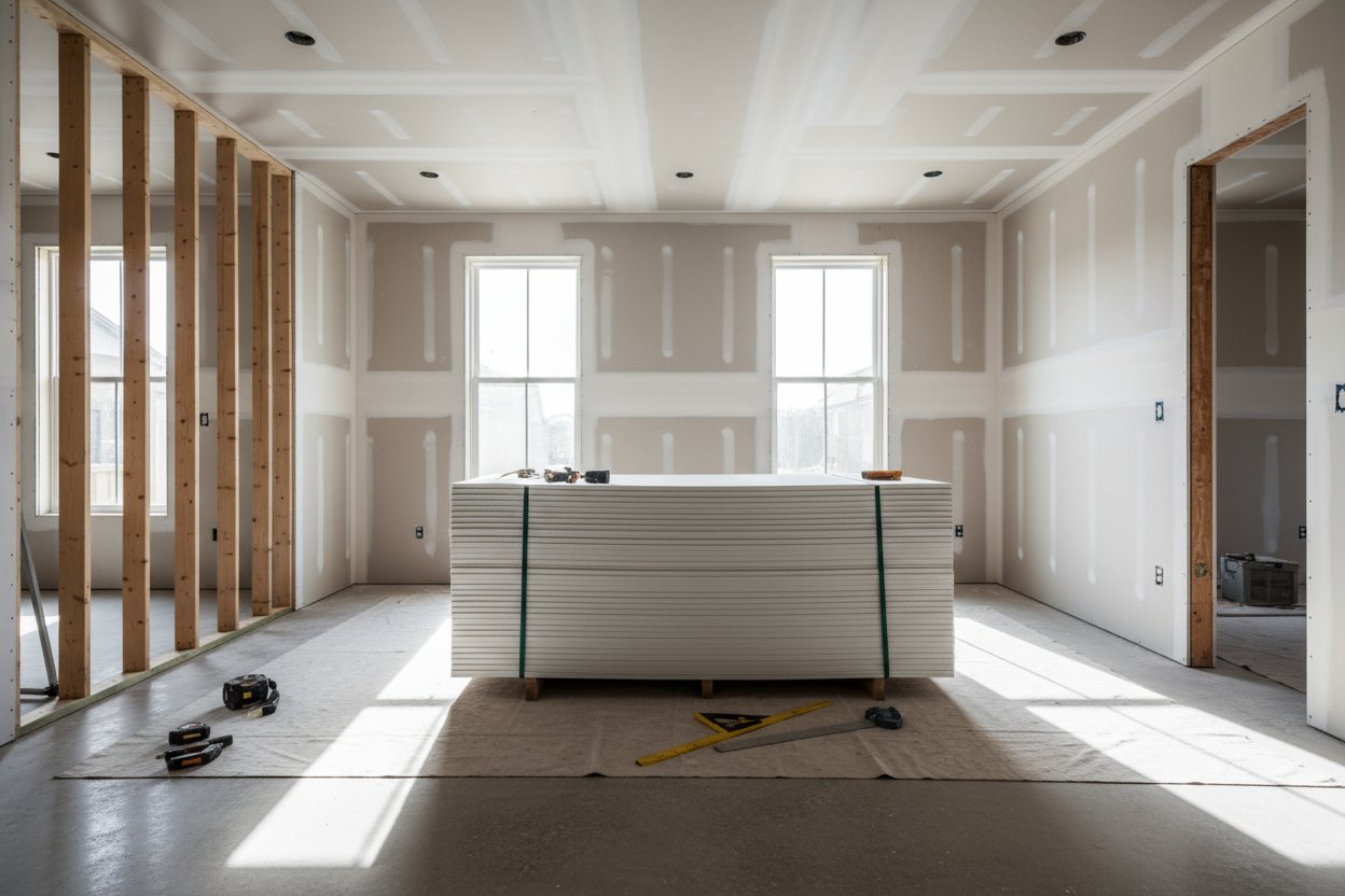 quality drywall installation in Campbellford with stacked boards prepared by Renossance team