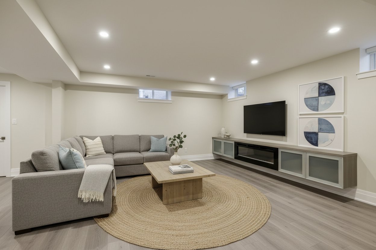 Turning your basement into usable space with a spacious family TV room in a finished basement.