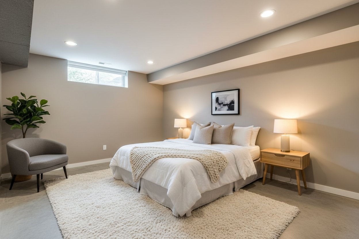 Turning your basement into usable space with a bright finished bedroom setup in a renovated basement.