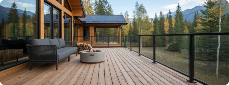Wooden deck with black glass railing, outdoor sofa and fire pit overlooking mountain forest — deck repair and restoration