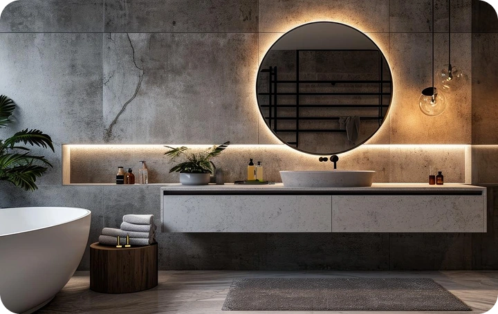 A modern bathroom renovation featuring a round backlit mirror, floating vanity with vessel sink, concrete accent walls, freestanding bathtub, and warm pendant lighting
