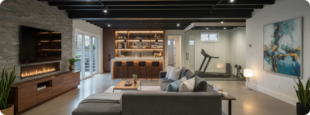 Contemporary basement renovation with stone fireplace wall, wet bar, and exercise space