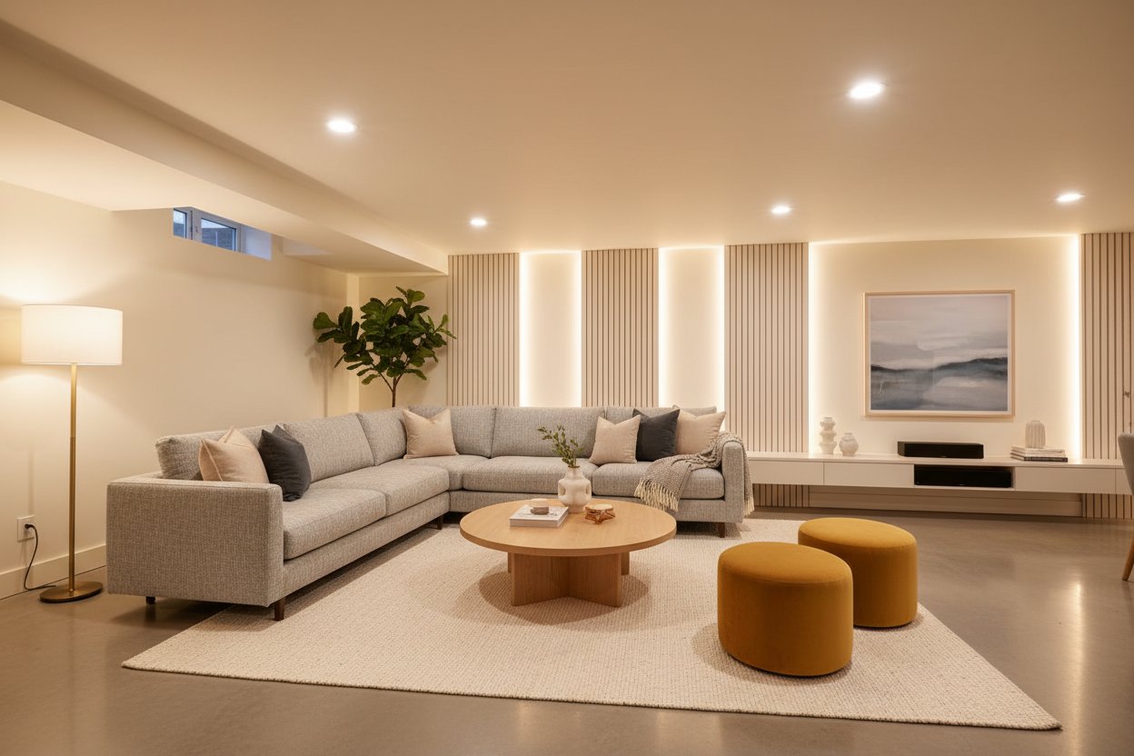 Turning your basement into usable space with a large renovated modern living area.