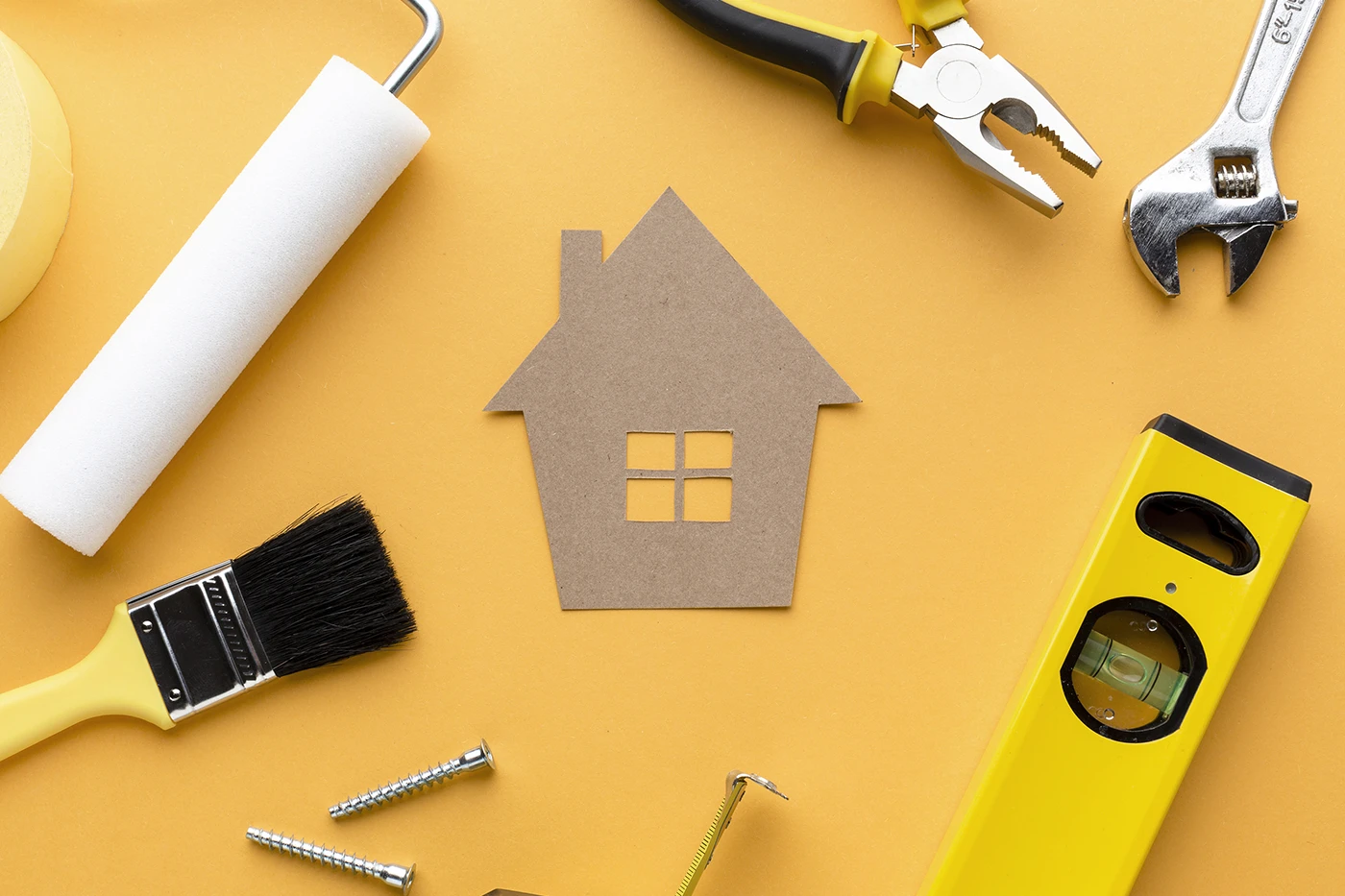 General home repair services represented with tools and a cardboard house cutout on a yellow background.