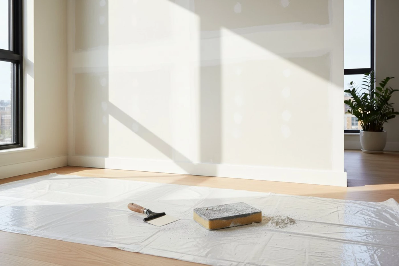 General home repair services — drywall sanding and wall preparation in a bright modern room.