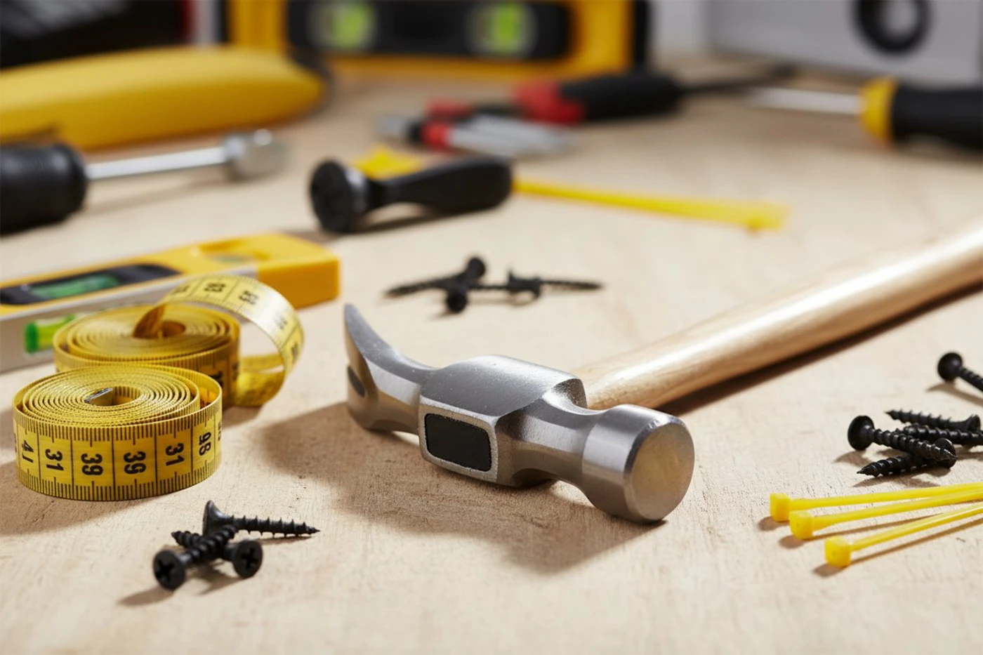 General home repair services with essential tools including hammer, screws and measuring tape on a workbench.