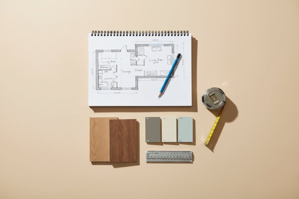 Turning your basement into usable space with planning tools, layout sketch and material samples.