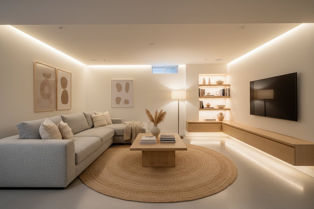 Turning your basement into usable space with a warm modern TV lounge in a finished basement.