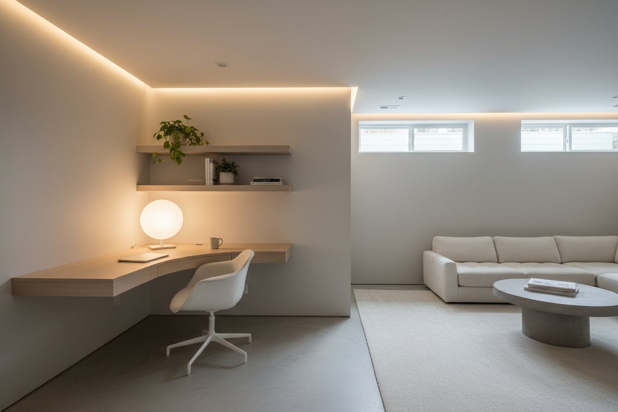 Turning your basement into usable space with a modern home office and lounge area in a finished basement.