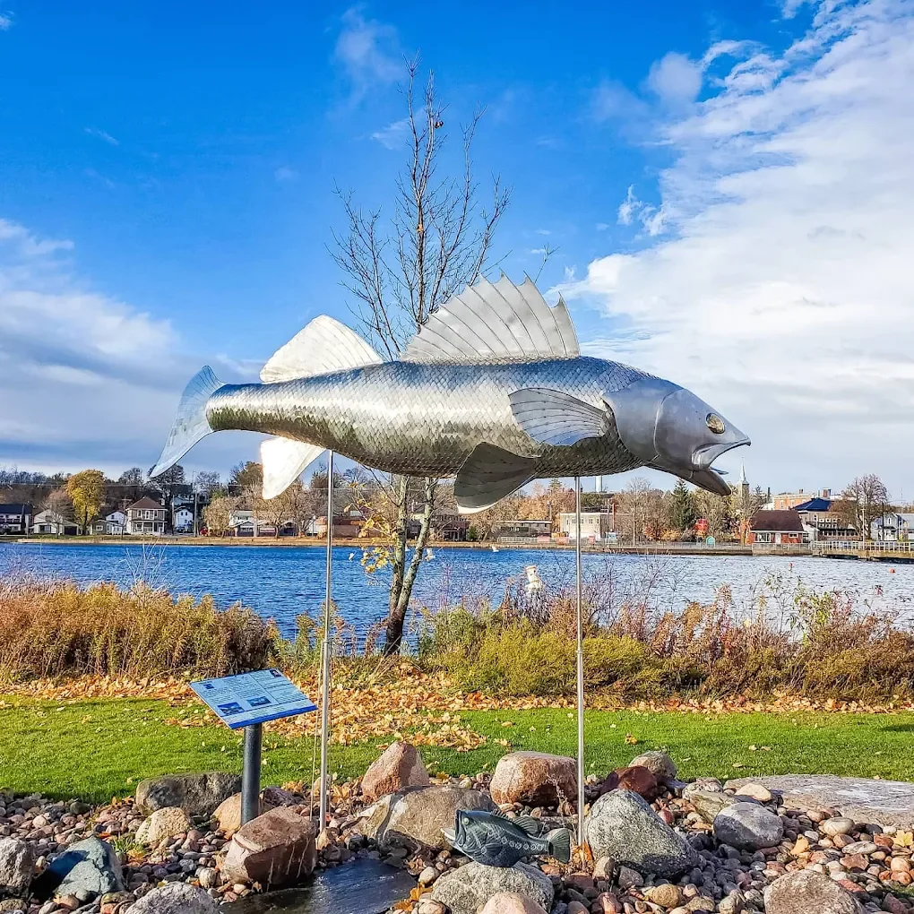 Giant fish sculpture landmark beside the Trent River in Hastings ON – Renossance