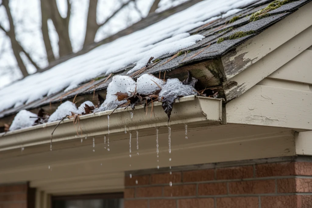 Clogged and damaged eavestrough with ice and debris in Trent Hills – Renossance eavestrough repair