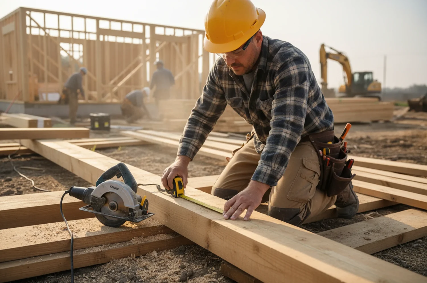 Framing construction in Trent Hills — contractor measuring lumber on a residential job site