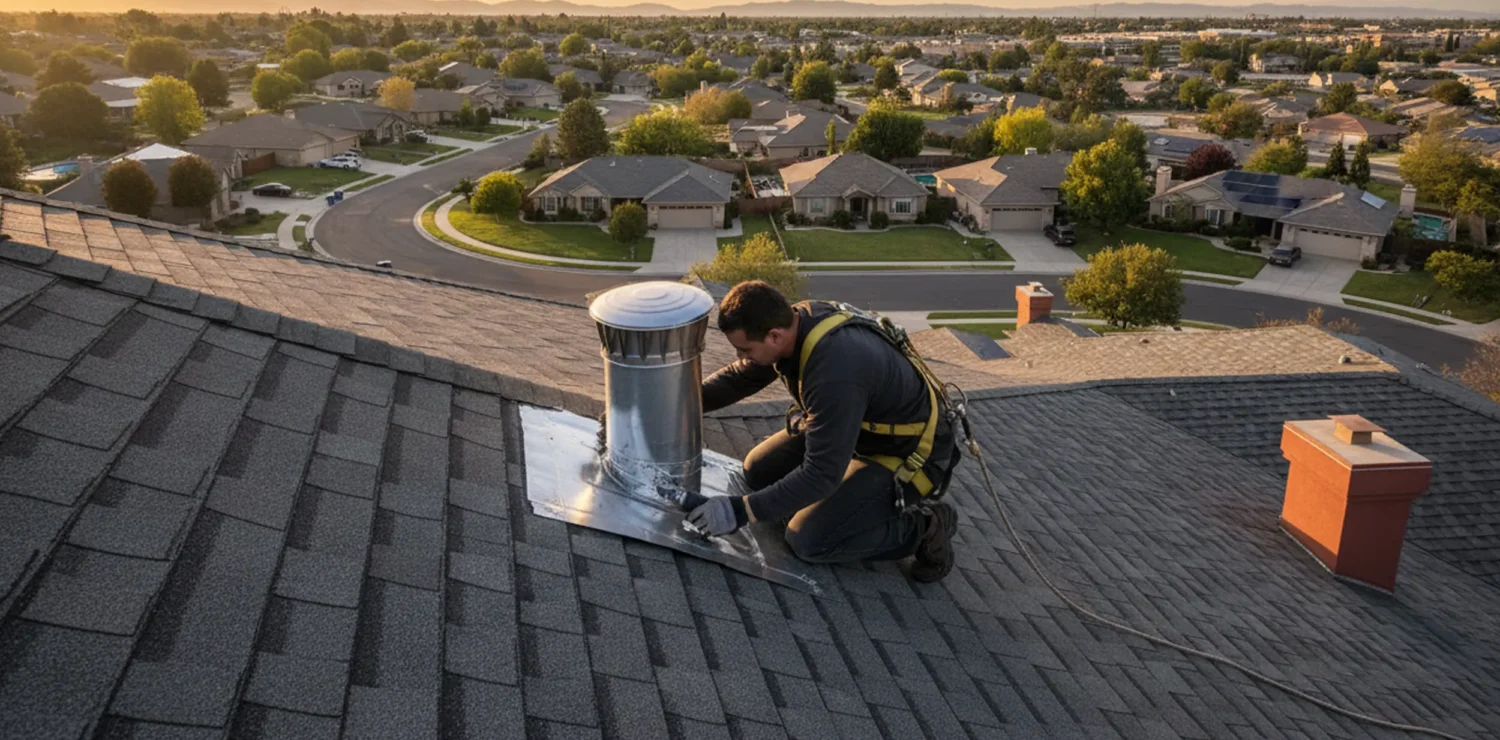 Roof repair in Trent Hills — contractor resealing flashing around a roof vent on a residential home