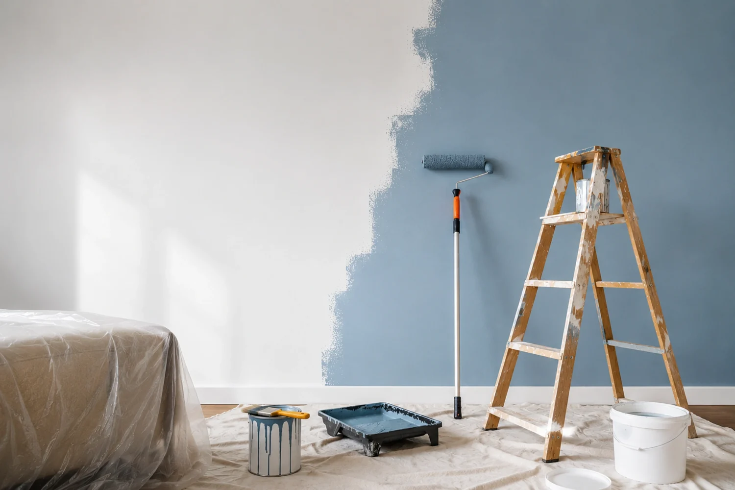 Interior painting in Campbellford — roller, ladder and paint tray during a room repaint by Renossance