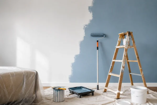 Interior painting in Campbellford — roller, ladder and paint tray during a room repaint by Renossance