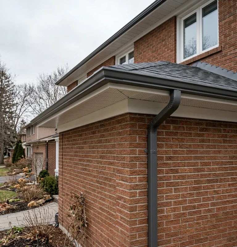 Seamless eavestrough and downspout on a brick home in Marmora, ON by Renossance