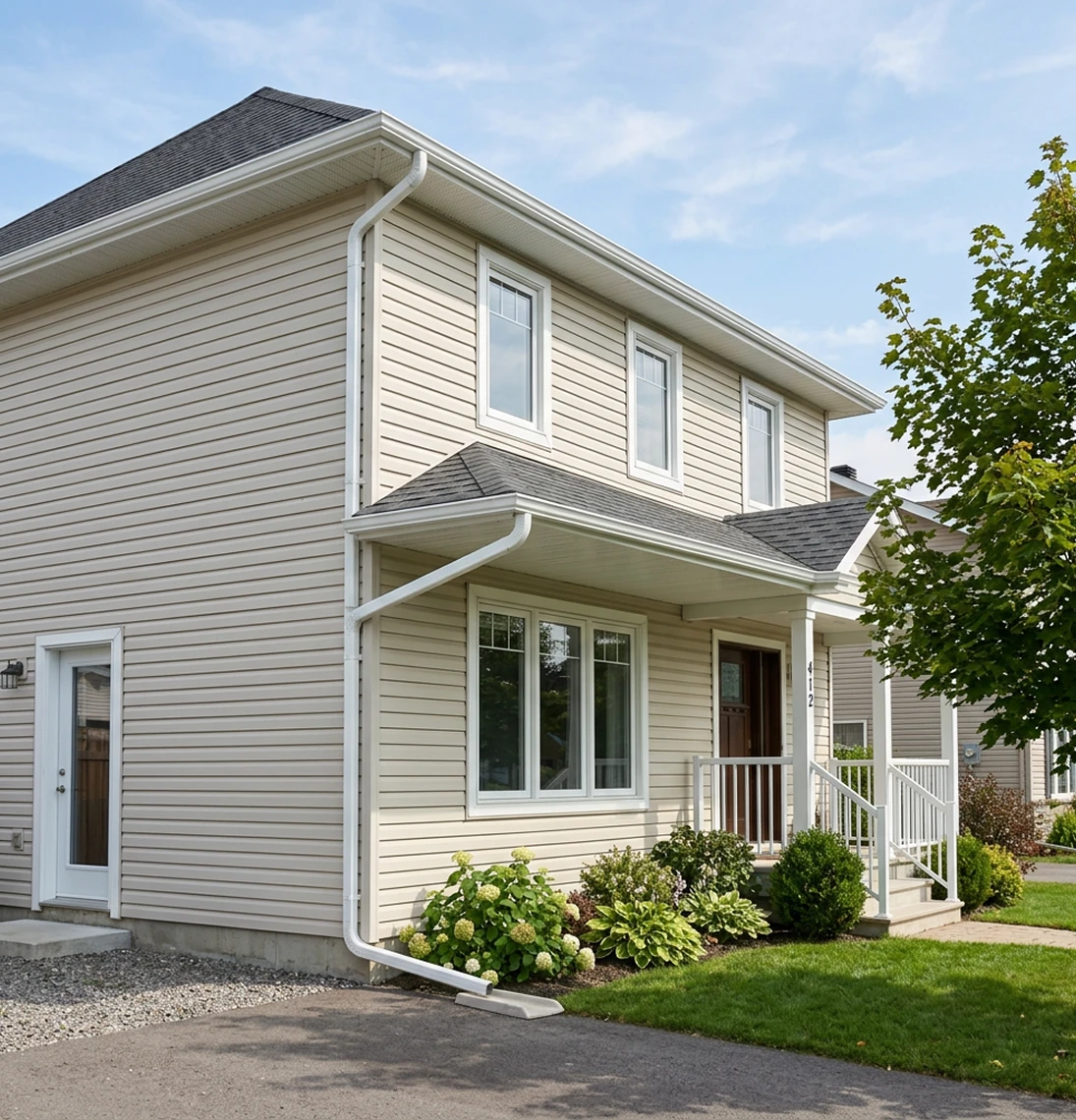 Seamless eavestrough and downspout with splash block on a residential home in Stirling, ON by Renossance