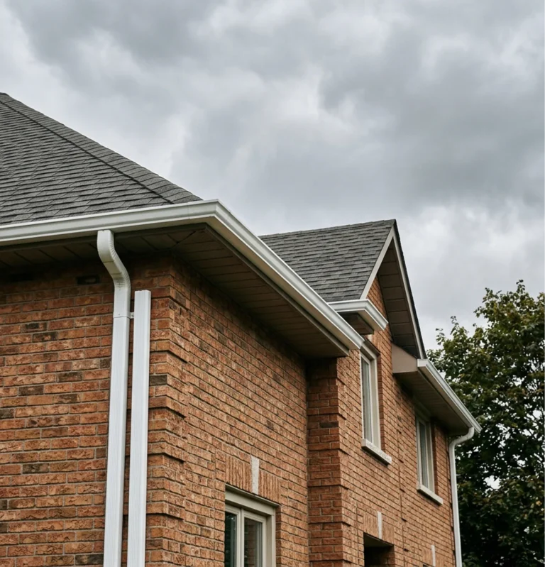 Seamless eavestrough on a multi-peak brick home in Warkworth, ON by Renossance