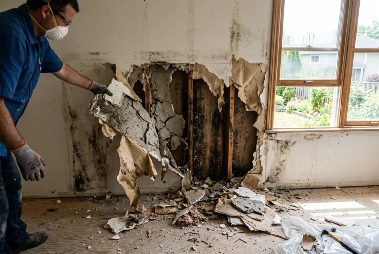 Mould and water damage exposed behind drywall by Renossance