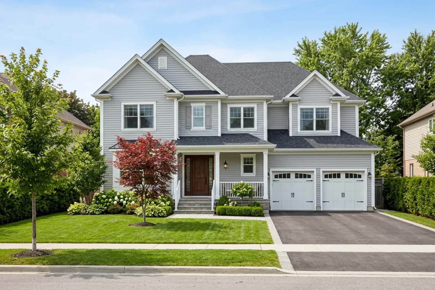 Grey vinyl siding installation on a two-storey Ontario home by Renossance