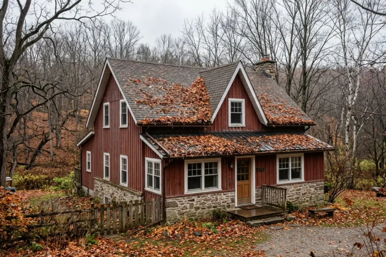 Rural home roof and eavestroughs covered in fallen autumn leaves, a common fall home maintenance checklist item for Trent Hills homeowners