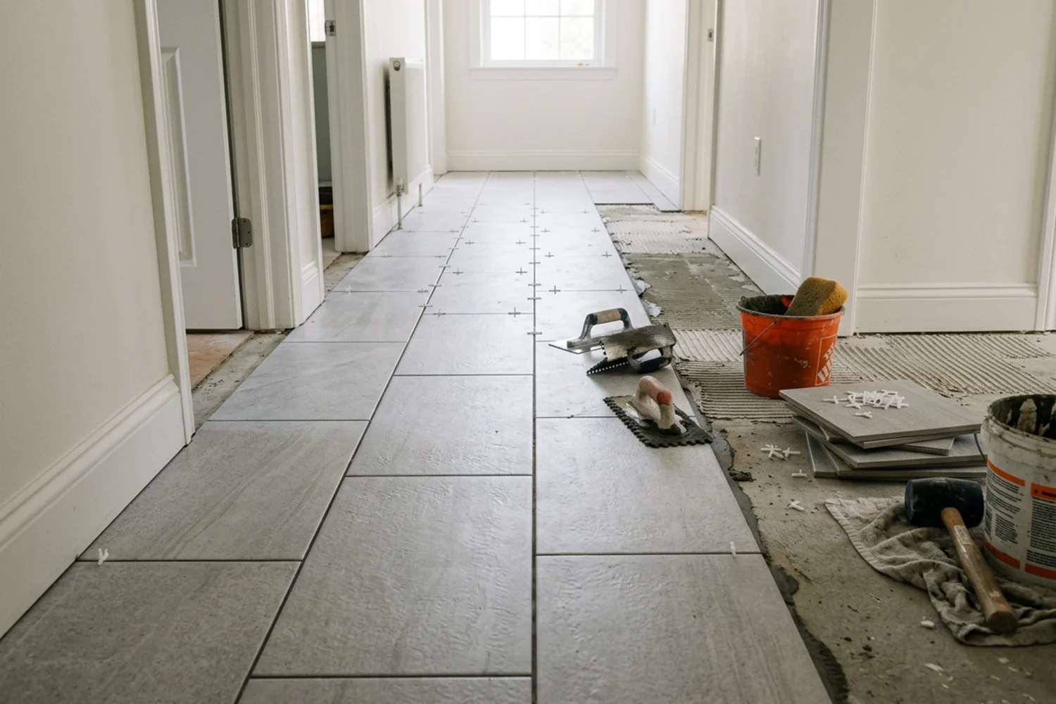 Tile installation in progress showing grey porcelain floor tiles, trowel, mortar and tile spacers, illustrating how much does tile installation cost