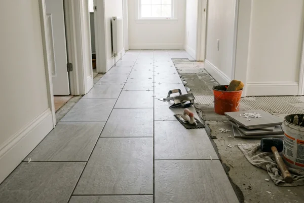 Tile installation in progress showing grey porcelain floor tiles, trowel, mortar and tile spacers, illustrating how much does tile installation cost