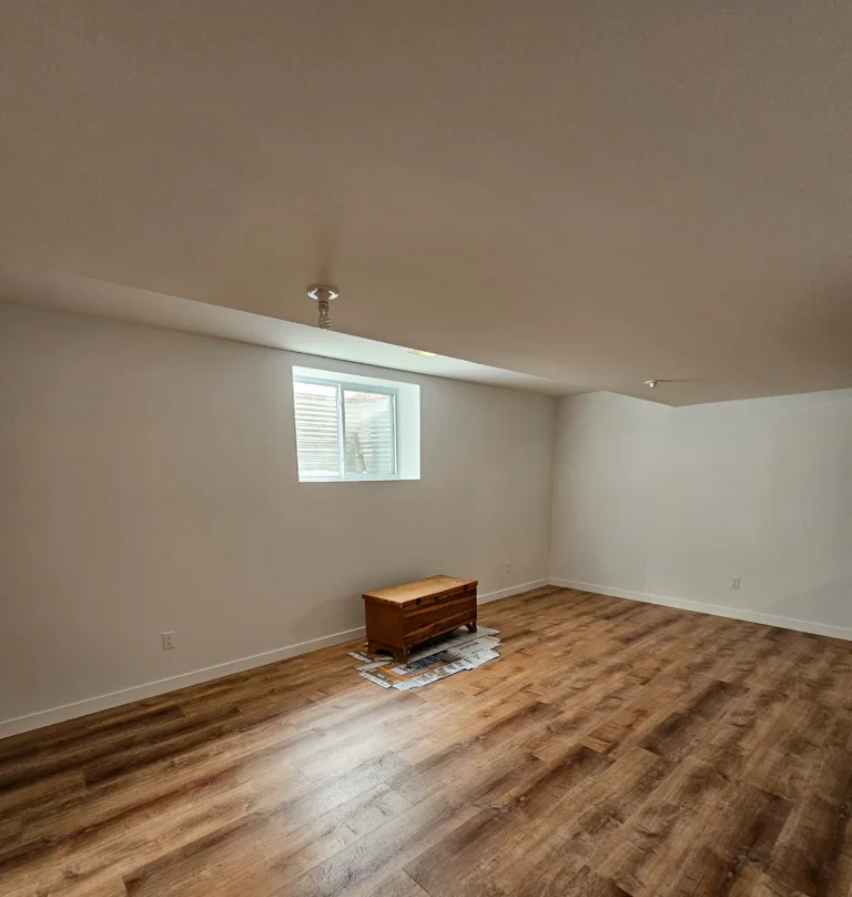Freshly painted light gray walls in an open basement room in Norwood home by Renossance