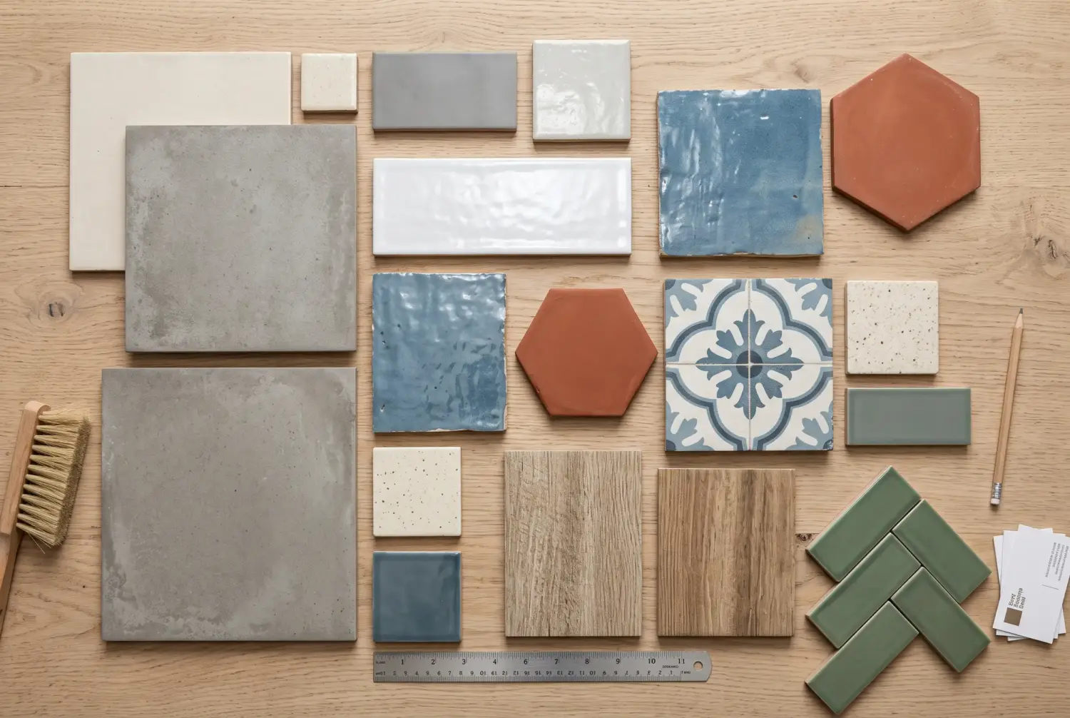 Flat lay of porcelain and ceramic tile samples in different sizes, colors and finishes, including concrete-look, glazed, hexagon, patterned and wood-look tiles. Compare porcelain vs ceramic tile to choose the right option for your floors and walls.