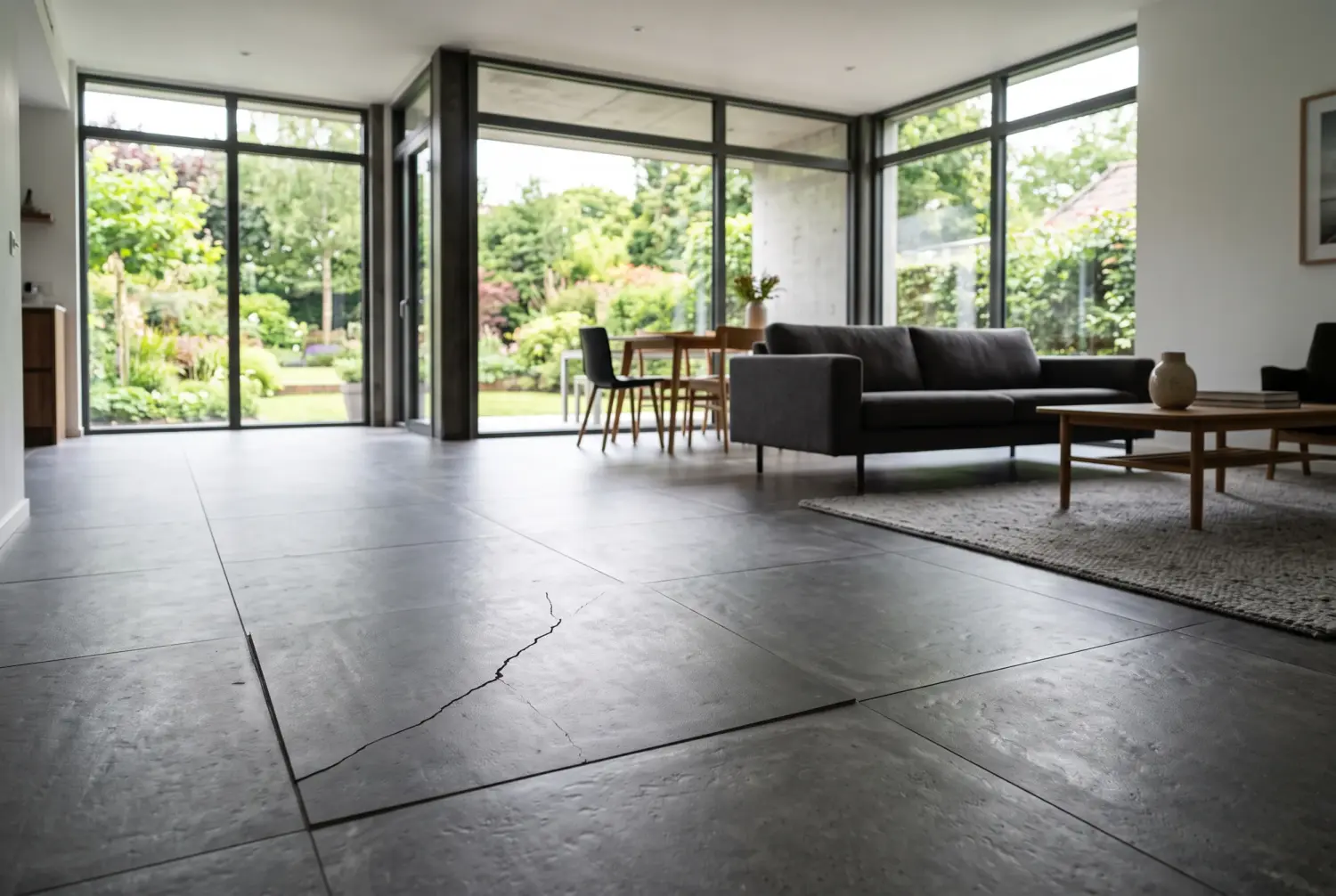 Cracked dark grey floor tile with a lifted edge in a bright open-plan living room, tile floor repair signs by Renossance